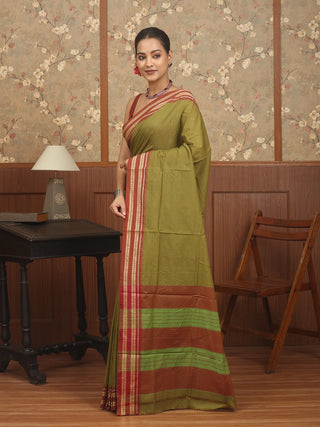 Olive Green Poona Cotton Saree with Traditional Red Border
