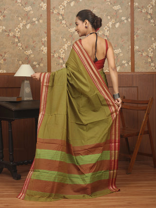 Olive Green Poona Cotton Saree with Traditional Red Border