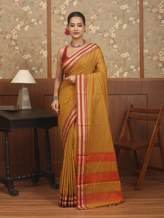 Mustard Gold Poona Cotton Saree with Rust Red Border