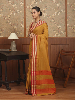 Mustard Gold Poona Cotton Saree with Rust Red Border