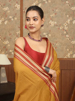 Mustard Gold Poona Cotton Saree with Rust Red Border