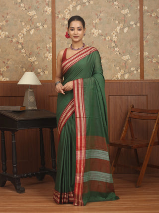 Bottle Green Poona Cotton Saree with Traditional Red Border