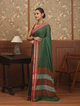 Bottle Green Poona Cotton Saree with Traditional Red Border