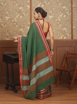 Bottle Green Poona Cotton Saree with Traditional Red Border