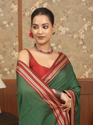 Bottle Green Poona Cotton Saree with Traditional Red Border