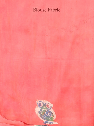 Coral Pink Multicolour Pure Bishnupur Katan Silk Saree with Owl Motifs in Hand Batik