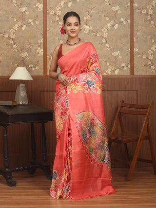 Coral Pink Multicolour Pure Bishnupur Katan Silk Saree with Owl Motifs in Hand Batik