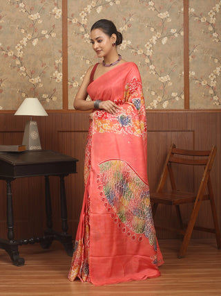 Coral Pink Multicolour Pure Bishnupur Katan Silk Saree with Owl Motifs in Hand Batik