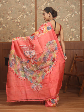 Coral Pink Multicolour Pure Bishnupur Katan Silk Saree with Owl Motifs in Hand Batik