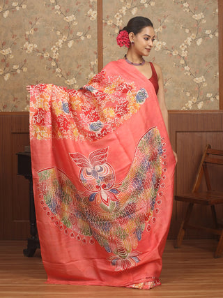 Coral Pink Multicolour Pure Bishnupur Katan Silk Saree with Owl Motifs in Hand Batik