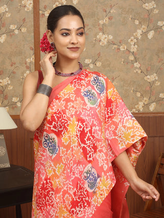 Coral Pink Multicolour Pure Bishnupur Katan Silk Saree with Owl Motifs in Hand Batik