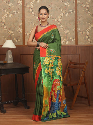 Green and Red Hand-Painted Murshidabad Pure Silk Saree with Embroidered Accents