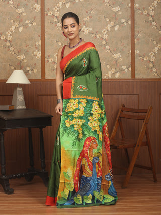 Green and Red Hand-Painted Murshidabad Pure Silk Saree with Embroidered Accents