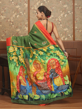 Green and Red Hand-Painted Murshidabad Pure Silk Saree with Embroidered Accents