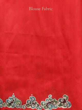 Crimson Red Multicolour Pure Bishnupur Katan Silk Saree depicting Rural Bengal in Hand Batik