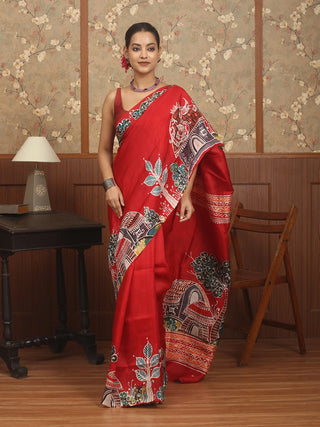 Crimson Red Multicolour Pure Bishnupur Katan Silk Saree depicting Rural Bengal in Hand Batik