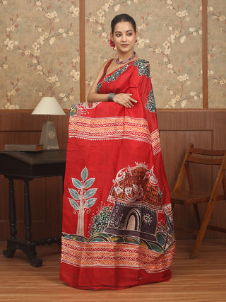 Crimson Red Multicolour Pure Bishnupur Katan Silk Saree depicting Rural Bengal in Hand Batik