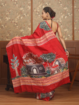 Crimson Red Multicolour Pure Bishnupur Katan Silk Saree depicting Rural Bengal in Hand Batik