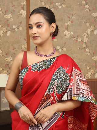 Crimson Red Multicolour Pure Bishnupur Katan Silk Saree depicting Rural Bengal in Hand Batik