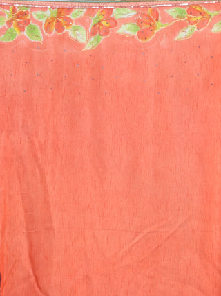 Denim Blue Chanderi Silk Saree with Hand-Painted Coral Bloom and Aari Highlights