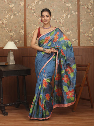 Denim Blue Chanderi Silk Saree with Hand-Painted Coral Bloom and Aari Highlights