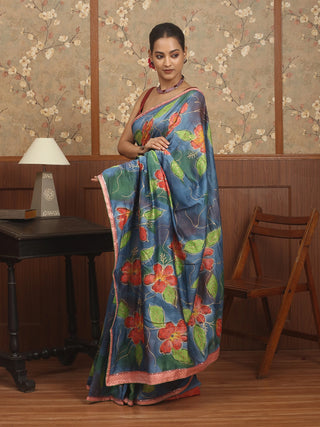 Denim Blue Chanderi Silk Saree with Hand-Painted Coral Bloom and Aari Highlights