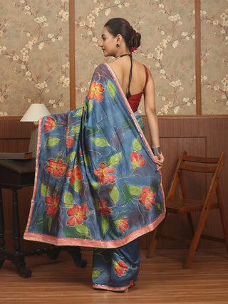 Denim Blue Chanderi Silk Saree with Hand-Painted Coral Bloom and Aari Highlights