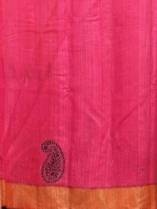 Golden Yellow and Fuchsia Bhagalpuri Ghicha Tussar Saree with  Block Prints and Kantha Work