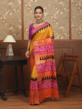 Golden Yellow and Fuchsia Bhagalpuri Ghicha Tussar Saree with  Block Prints and Kantha Work