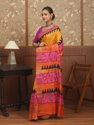 Golden Yellow and Fuchsia Bhagalpuri Ghicha Tussar Saree with  Block Prints and Kantha Work
