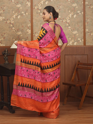 Golden Yellow and Fuchsia Bhagalpuri Ghicha Tussar Saree with  Block Prints and Kantha Work