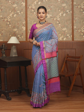 Denim Blue Silk Cotton Saree With Hand Gujarati Embroidery