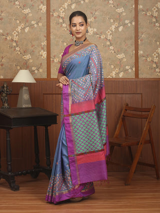 Denim Blue Silk Cotton Saree With Hand Gujarati Embroidery