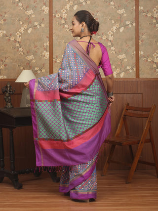 Denim Blue Silk Cotton Saree With Hand Gujarati Embroidery