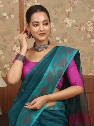 Deep Teal Blue Bengal Handloom Muslin Saree with Traditional Floral Jamdani Weaves
