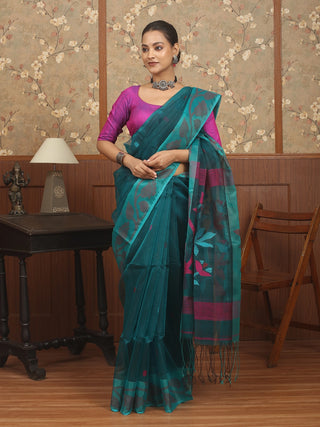 Deep Teal Blue Bengal Handloom Muslin Saree with Traditional Floral Jamdani Weaves