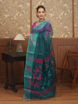 Deep Teal Blue Bengal Handloom Muslin Saree with Traditional Floral Jamdani Weaves