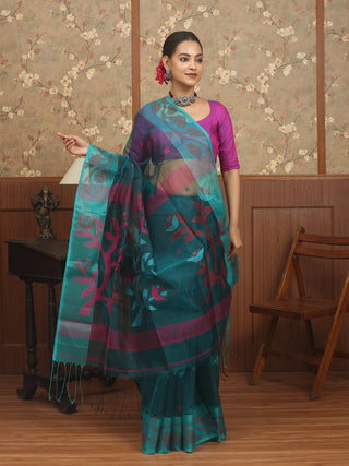Deep Teal Blue Bengal Handloom Muslin Saree with Traditional Floral Jamdani Weaves