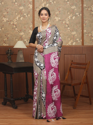 Magenta, Black & Natural Ghicha Pure Bishnupur Katan Silk Saree with Peacock Kantha Work