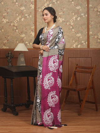 Magenta, Black & Natural Ghicha Pure Bishnupur Katan Silk Saree with Peacock Kantha Work