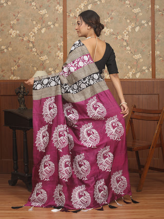 Magenta, Black & Natural Ghicha Pure Bishnupur Katan Silk Saree with Peacock Kantha Work