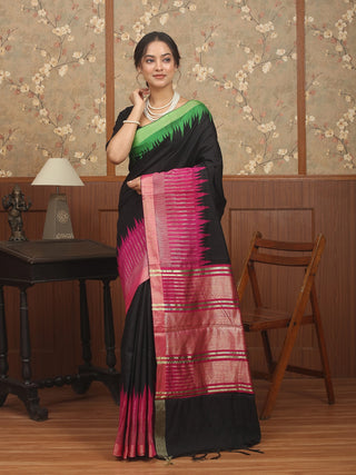 Black, Magenta & Green Chhattisgarh Raw Silk Saree with Ganga-Jamuna Borders