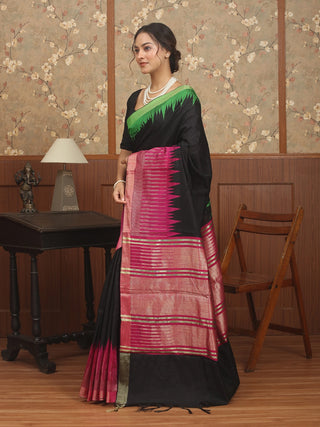 Black, Magenta & Green Chhattisgarh Raw Silk Saree with Ganga-Jamuna Borders