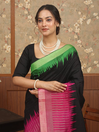 Black, Magenta & Green Chhattisgarh Raw Silk Saree with Ganga-Jamuna Borders