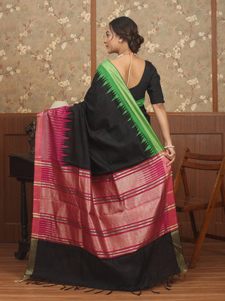Black, Magenta & Green Chhattisgarh Raw Silk Saree with Ganga-Jamuna Borders