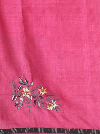 Burnt Orange and Magenta Designer Tussar Silk Saree with Hand Block Print & Kantha Embroidery