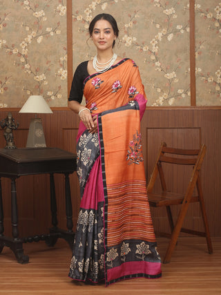 Burnt Orange and Magenta Designer Tussar Silk Saree with Hand Block Print & Kantha Embroidery