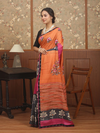 Burnt Orange and Magenta Designer Tussar Silk Saree with Hand Block Print & Kantha Embroidery
