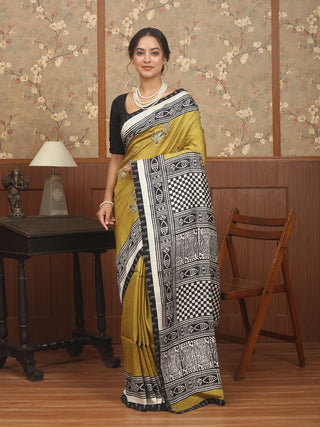 Olive Green Murshidabad Silk Saree with Hand Aari Embroidery & Screen Prints