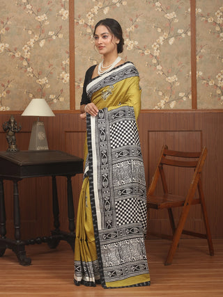 Olive Green Murshidabad Silk Saree with Hand Aari Embroidery & Screen Prints